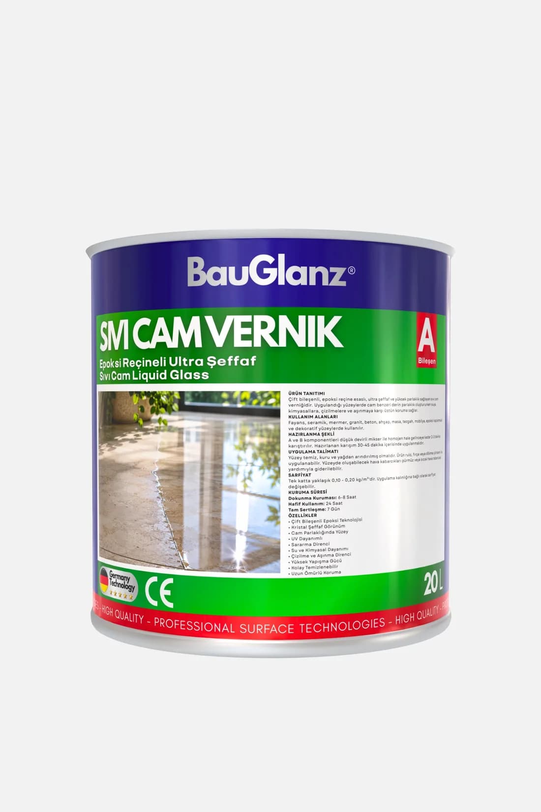 BauGlanz sıvı cam vernik epoksi reçineli ultra şeffaf ürün ambalajı